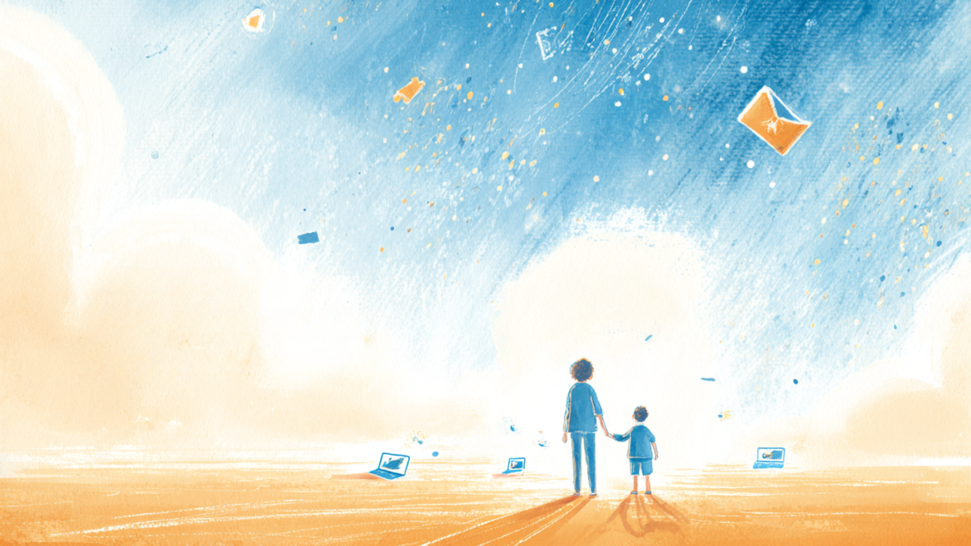 大人と子供が手をつないで未来を見つめるイラスト